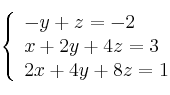 \left\{
\begin{array}{lll}
-y+z=-2
\\x+2y+4z=3
\\2x+4y+8z=1
\end{array}
\right.