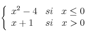  \left\{
\begin{array}{lcr}
x^2-4 & si & x \leq 0 \\
x+1 & si & x>0
\end{array}
\right. 