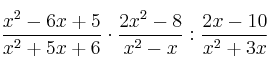 \frac{x^2-6x+5}{x^2+5x+6} \cdot \frac{2x^2-8}{x^2-x} : \frac{2x-10}{x^2+3x}