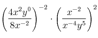 \left( \frac{4x^2y^0}{8x^{-2}} \right)^{-2} \cdot \left( \frac{x^{-2}}{x^{-4}y^5} \right)^2